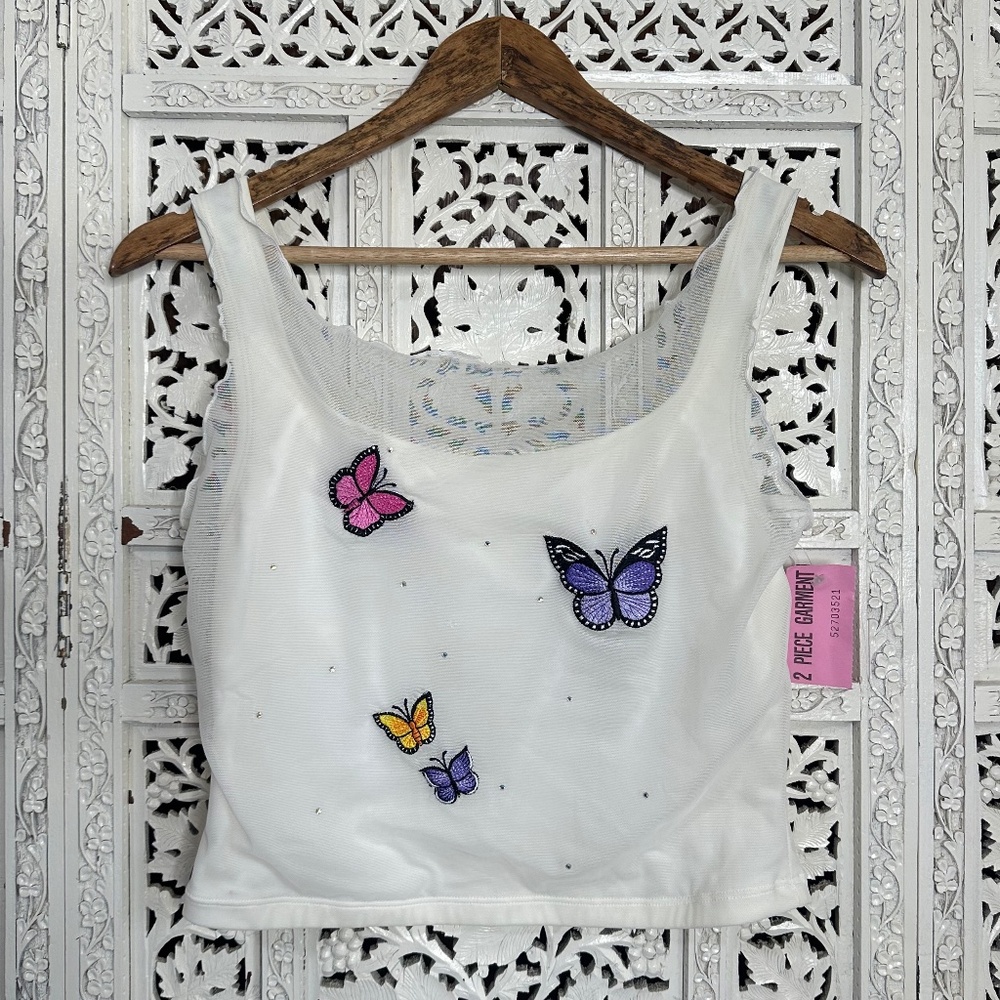 Vintage Baja Blue Rhinestone Butterfly Tankini‎ Bathing Suit Top With Mesh